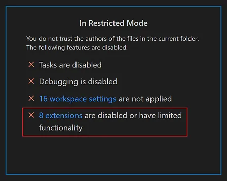 Workspace Trust disabled extensions link