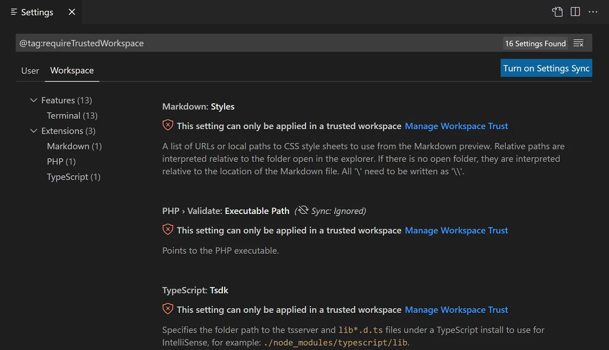 Settings editor scoped by the requireTrustedWorkspace tag