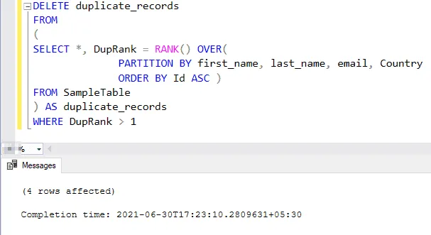 using rank to delete duplicate rows in sql server