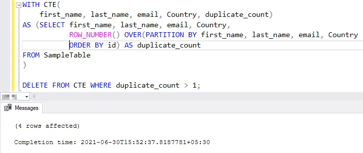 using cte to drop duplicate rows in sql server