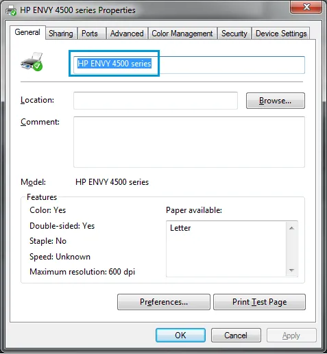 Image: Save the name of your printer as it appears in the printer properties window