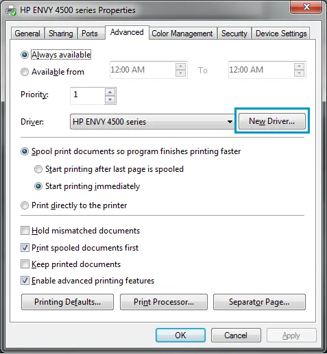 Image: The 'New Driver' button on the advanced tab of the Printer properties window
