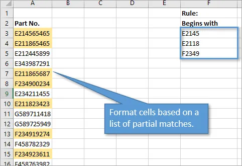 Format cells based on list of partial matches