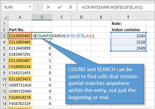COUNT and SEARCH functions to find partial matches