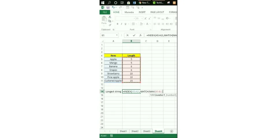 Excel formula to find max length of string in column