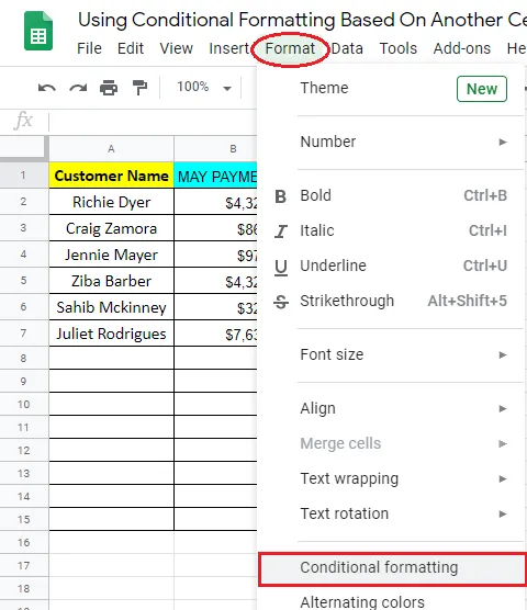 Same table as above, but with the Format tab highlighted and Conditional Formatting in the dropdown menu highlighted underneath