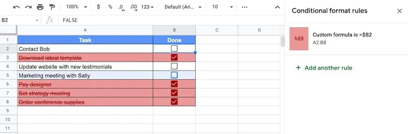 Conditional Formatting with checkbox in Google Sheets
