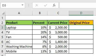 Calculate Original Price by Using Growth Percentage