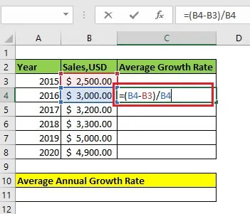 calculate the Average Growth Rate in the C column using this formula =(B4-B3)/B4 in cell C4