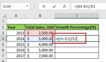 Enter the formula =(B4-B3)/B3 in the second cell (C3) of the Growth Percentage column