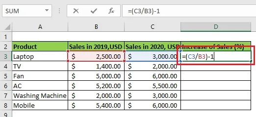 Select first cell (D3) of Increase of Sales and enter the formula =(C3/B3)-1