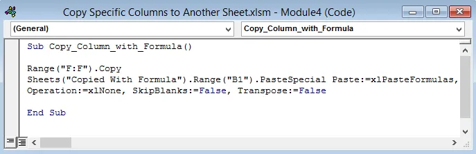 Excel VBA Copy Column to a New Sheet with Formula