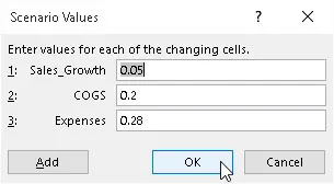 Specifying the changing values in the Scenario Values dialog box.