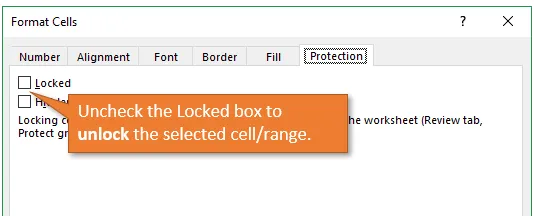 Uncheck the Locked Box to Unlock Cells or Range