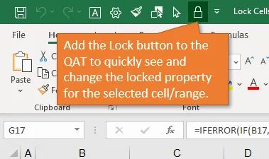 Lock Button on QAT to See Change Locked Property for Cell Range