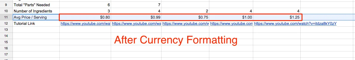 Spreadsheet with currency formatting