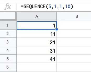 =SEQUENCE(5,1,1,10)