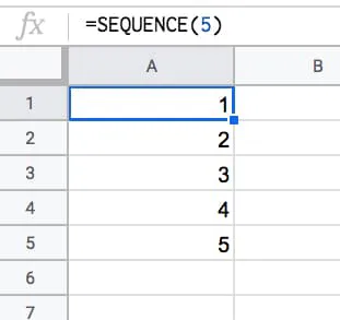 =SEQUENCE(5)