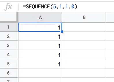 =SEQUENCE(5,1,1,0)