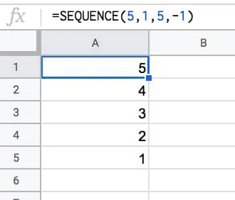 =SEQUENCE(5,1,5,-1)