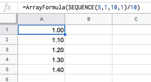 =ArrayFormula( SEQUENCE(5,1,10,1) / 10 )