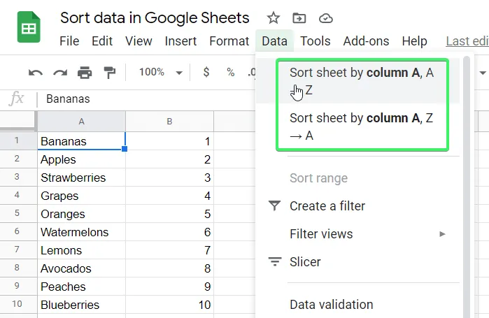 Sort sheet by a column in Google Sheets