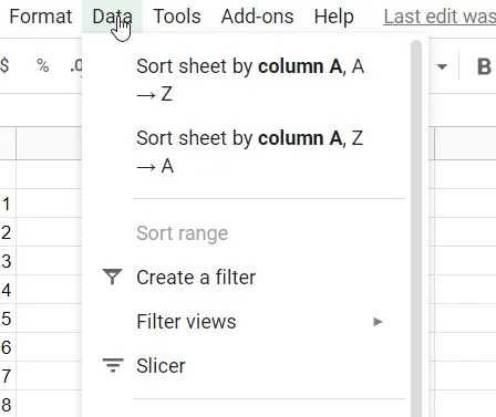 Data menu Google Sheets