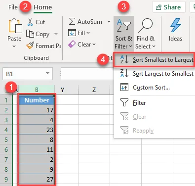 sort numbers by sort option 1a