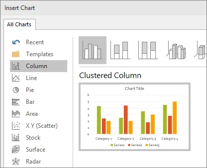 Shows column chart selection in powerpoint