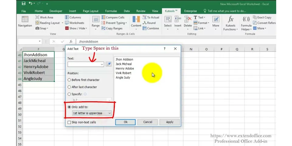 How to add space between names in Excel