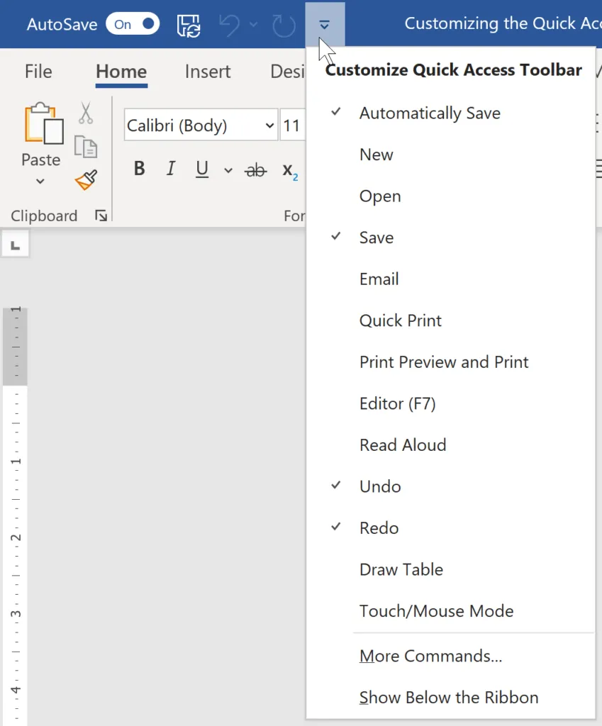 image of the Microsoft Word Quick Access Toolbar, find out how to customize the Word Quick Access Toolbar