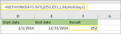 =NETWORKDAYS.INTL(D53,E53,1,MyHolidays) and result: 252