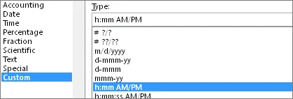Format cells dialog box, Custom command, h:mm AM/PM type