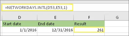 =NETWORKDAYS.INTL(D53,E53,1) and result: 261