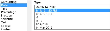 Format Cells dialog, Date command, 3/14/12 1:30 PM type