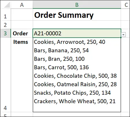 list of items for selected order with line breaks