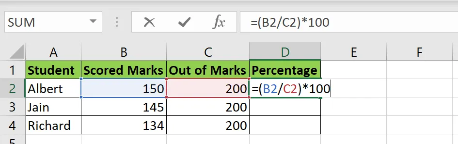 Calculate percentage of marks in Excel