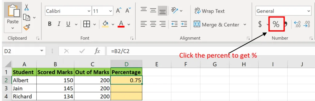 Get the Percentage sign in Excel