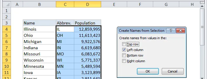 Create names from selection with data and labels selected