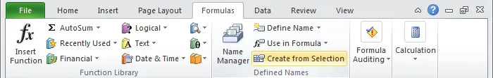 Create names from selection command on ribbon
