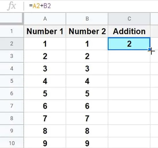 An image showing what the fill handle looks like in Google Sheets, specifically what it looks like when a formula is contained in the example data