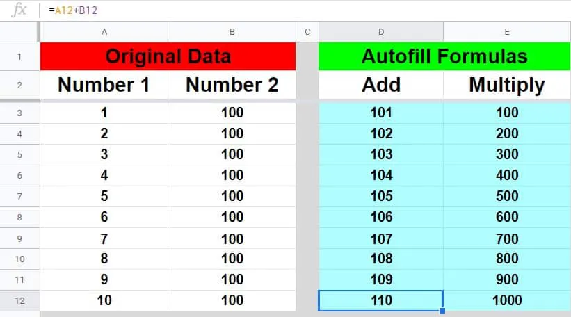 An example of how to repeat a formula in Google Sheets- Example using both addition and multiplication- Part 2 after dragging the fill handle down