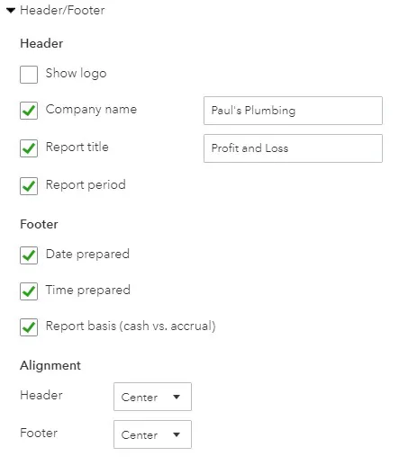 Header and Footer Report Options in QuickBooks Online