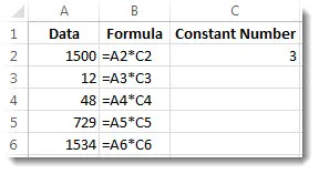 Data in column A, formulas in column B, and the number 3 in cell C2