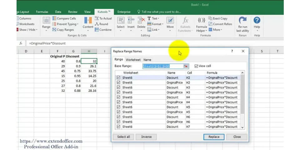 How to replace existing cell addresses with defined names in Excel