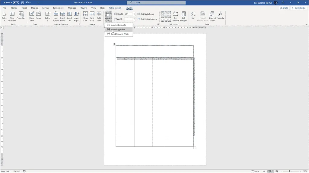 Adjust Row Height and Column Width in Word Tables- Instructions: A picture of a table in Word being adjusted by using the AutoFit button in the Layout tab of the Table Tools contextual tab in the Ribbon of Word.