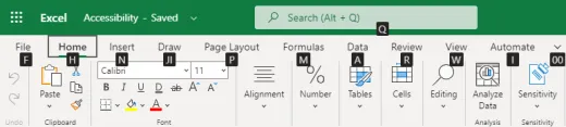 Ribbon tab key tips on Excel for the Web.