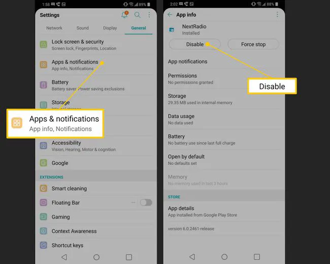 Apps & Notifications, Disable buttons in Android Settings