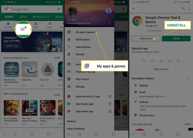 Menu, My apps & games, and Uninstall buttons in Google Play