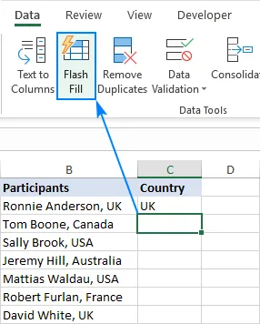 Flash Fill in Excel with a button click.